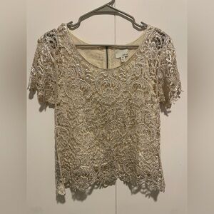 Greylin Beige Metallic Lace Blouse
